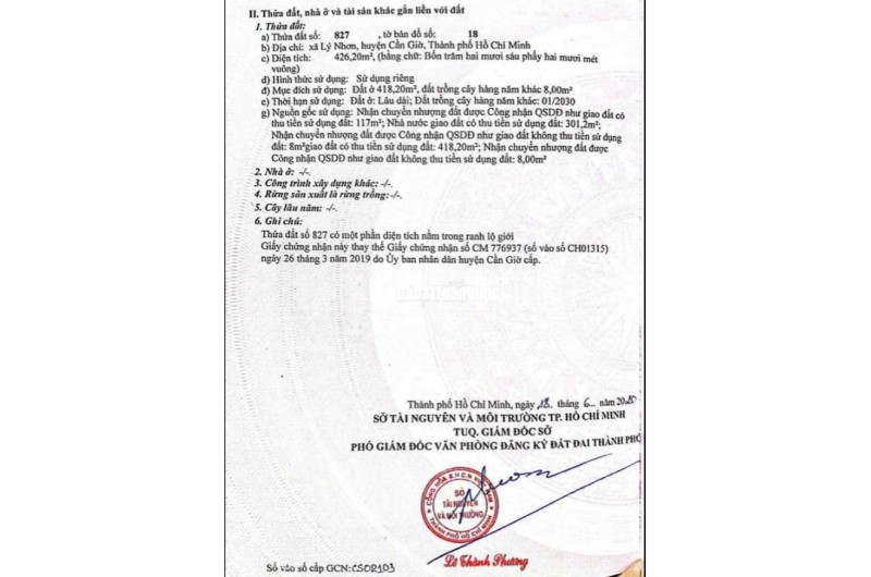 Bán 418m2 đất full thổ cư tại Lý Nhơn, Huyện Cần Giờ