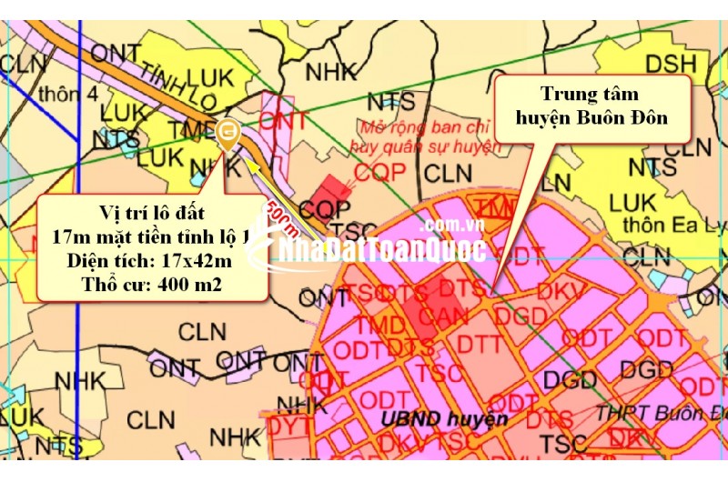 Đất 400 m2 thổ cư, 17m Mặt tiền Tỉnh lộ 1 - Huyện Buôn Đôn - Đăk Lăk, giá chỉ 170 tr/m
