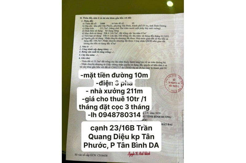 Cho thuê nhà xưởng 211m2 mặt tiền đường Trần Quang Diệu Dĩ An BD