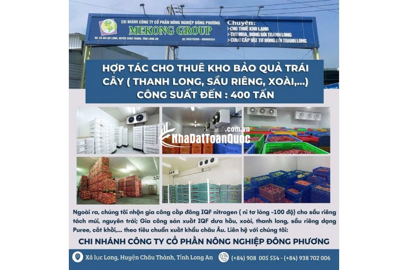 CHO THUÊ KHO XƯỞNG SƠ CHẾ BẢO QUẢN TRÁI CÂY TẠI LONG AN, CHỈ 1.8TR/NGÀY. LH:0908005554 . 0938702006.