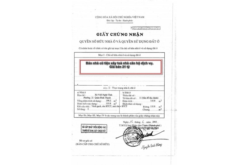 Nhà cũ HXH 294 Xô Viết Nghệ Tĩnh, Phường 21 Bình thạnh. Diện tích 4,6x25m công nhận 110m2 giá 21 tỷ