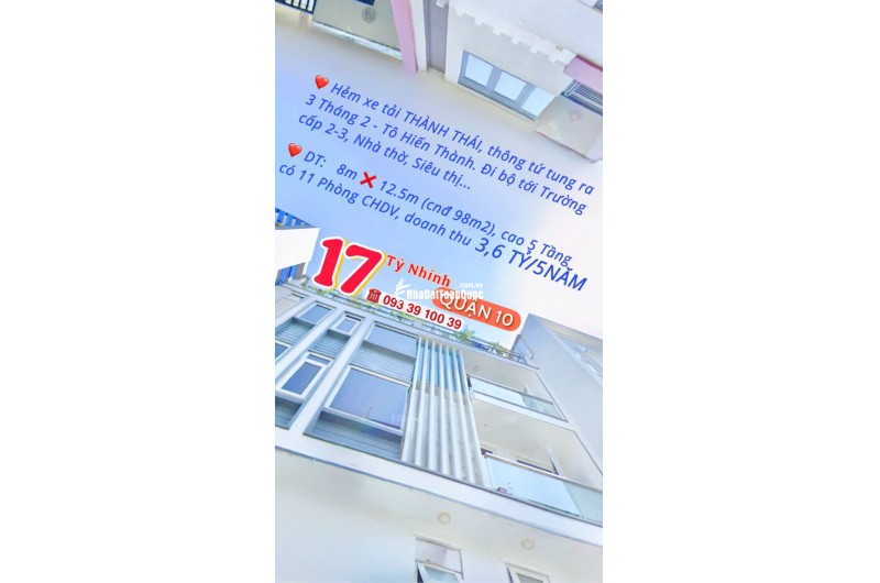 BÁN NHÀ Q10- HẺM XE TẢI THÀNH THÁI- NGANG 8M- CAO 5 TẦNG THU NHẬP 3.6 TỶ/5NĂM. Mr Vũ: 0933 910 039