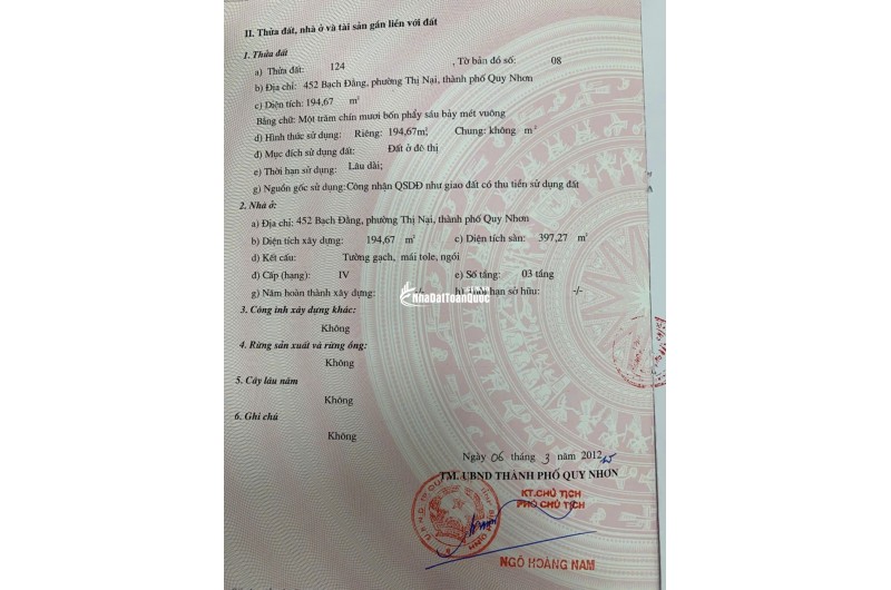 CHÍNH CHỦ BÁN NHÀ MẶT TIỀN 3 TẦNG, NGAY TTTP QUY NHƠN – 194,67M2 CHỈ 20 TỶ, LH:0983729758.