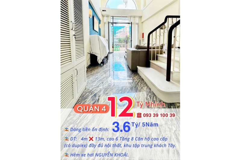 Bán nhà Quận 4- Doanh thu 3.6 tỷ/5năm- 6 Tầng 8 Căn hộ cao cấp duplex 52m2- HXH Nguyễn Khoái: 12 Tỷ