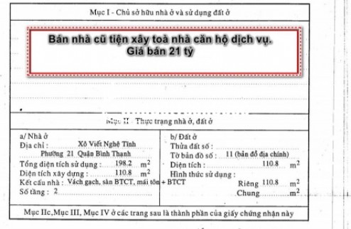 Nhà cũ HXH 294 Xô Viết Nghệ Tĩnh, Phường 21 Bình thạnh. Diện tích 4,6x25m công nhận 110m2 giá 21 tỷ