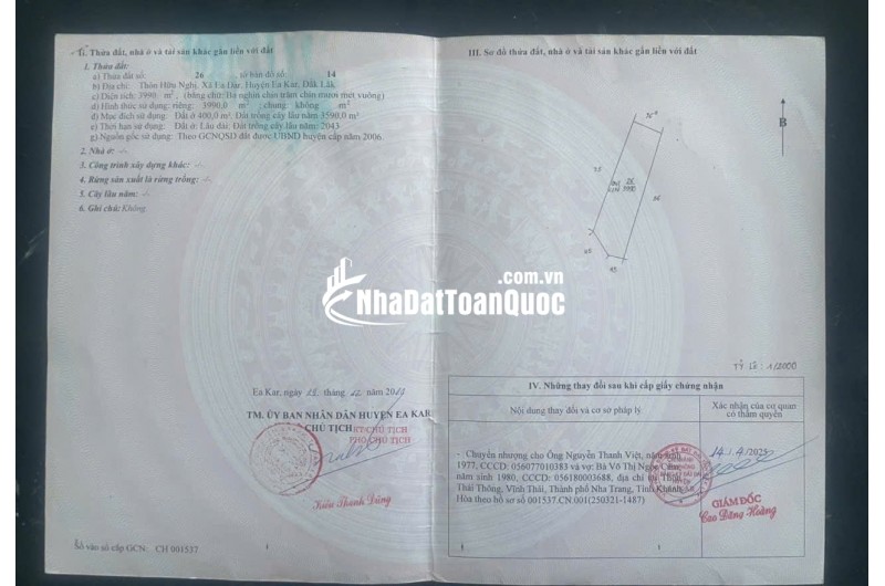 BÁN ĐẤT TẠI EA KAR DAK LAK, DT 3990M2, SHR, CHỈ 600K/M2. LH:0909149394.