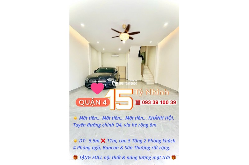 Mặt tiền trục chính Quận 4- KHÁNH HỘI- ngang hơn 5m cao 5 tầng đủ nội thất: 15 Tỷ nhỉnh. 0933910039