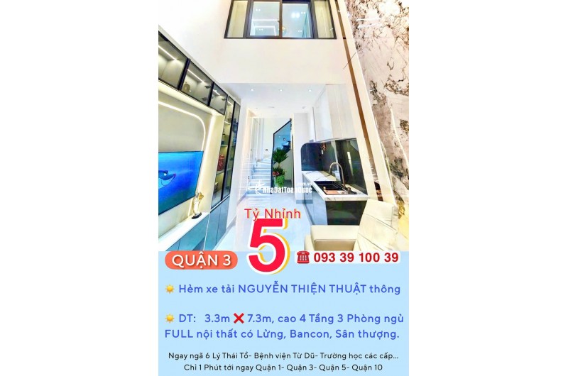Nhà Quận 3- hẻm xe tải Nguyễn Thiện Thuật- Ngang hơn 3m- 4 tầng Full nội thất: 5 tỷ hơn. 0933910039