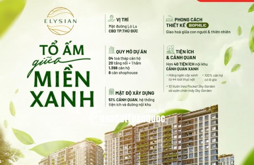 Căn hộ Elysian quận 9, rổ hàng đa dạng các căn từ 1,2,3PN giá tốt view đẹp, mua ngay trực tiếp CĐT, CK 8%, Thanh toán 5% ký HĐMB
