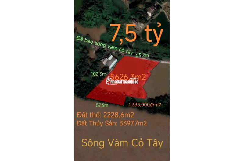 Bán lô đất thổ phân lô mặt tiền đê bao giá 7,5 tỷ