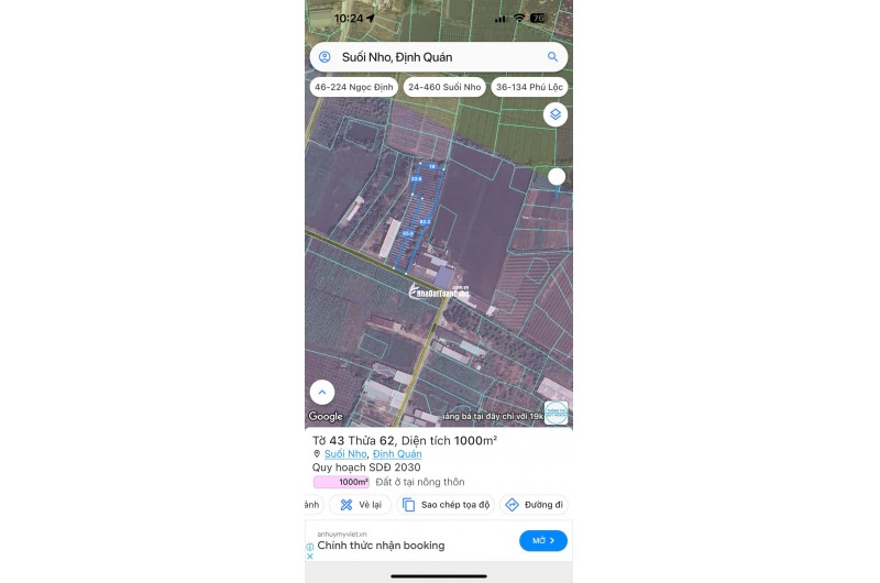 Lô đất 1000m² (ngang 10m), sổ hồng riêng, đường 3m, gần Chợ, Nhà Thờ Suối Nho