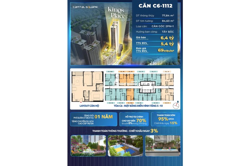 Kings Place – Căn Góc 2PN+1 Giá Hấp Dẫn, Ưu Đãi Lớn