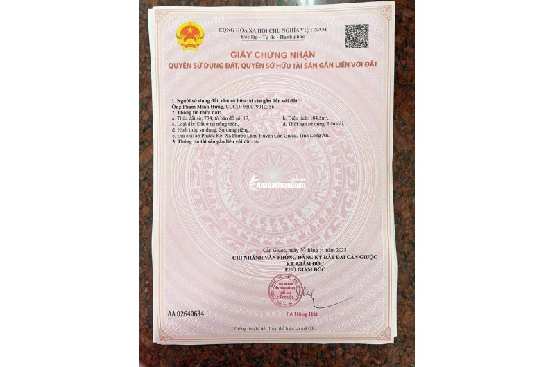 ĐẤT ĐẸP MẶT TIỀN- XÃ PHƯỚC LÂM- THỊ TRẤN CẦN GIUỘC- GIÁ CỰC RẺ