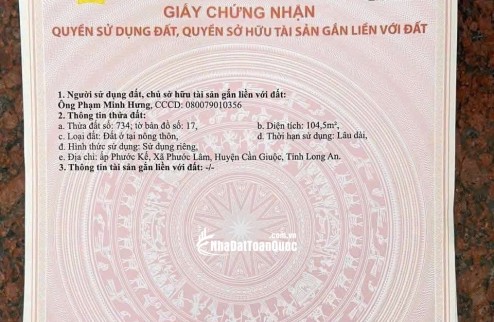 ĐẤT ĐẸP MẶT TIỀN- XÃ PHƯỚC LÂM- THỊ TRẤN CẦN GIUỘC- GIÁ CỰC RẺ