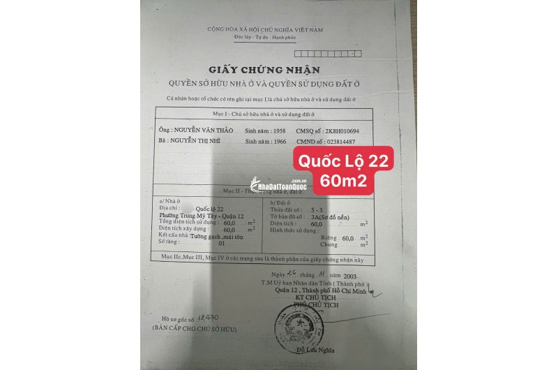 Bán nhà 60m2 mặt tiền Quốc Lộ 22 , Phường Trung Mỹ Tây Q12