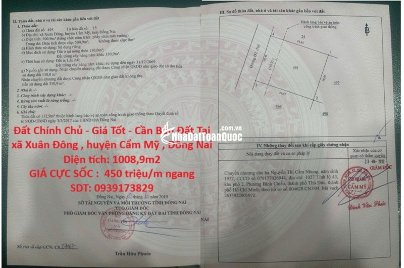 Đất Chính Chủ - Giá Tốt - Cần Bán Đất Tại xã Xuân Đông , huyện Cẩm Mỹ , Đồng Nai