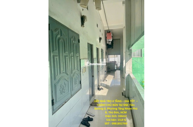 DÃY NHÀ TRỌ 4 TẦNG – GIÁ TỐT  – CHÍNH CHỦ BÁN TẠI Mặt Tiền Đường 9, Phường Tăng Nhơn Phú B, Thủ Đức