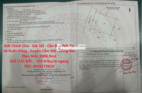 Đất Chính Chủ - Giá Tốt - Cần Bán Đất Tại xã Xuân Đông , huyện Cẩm Mỹ , Đồng Nai