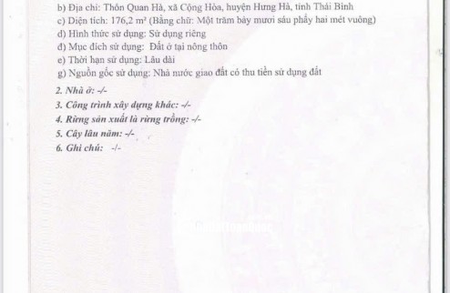 HOT HOT - CẦN BÁN LÔ ĐẤT 2 MẶT TIỀN  TẠI Thôn Quan Hà, Xã Cộng Hòa, Huyện Hưng Hà, Tỉnh Thái Bình