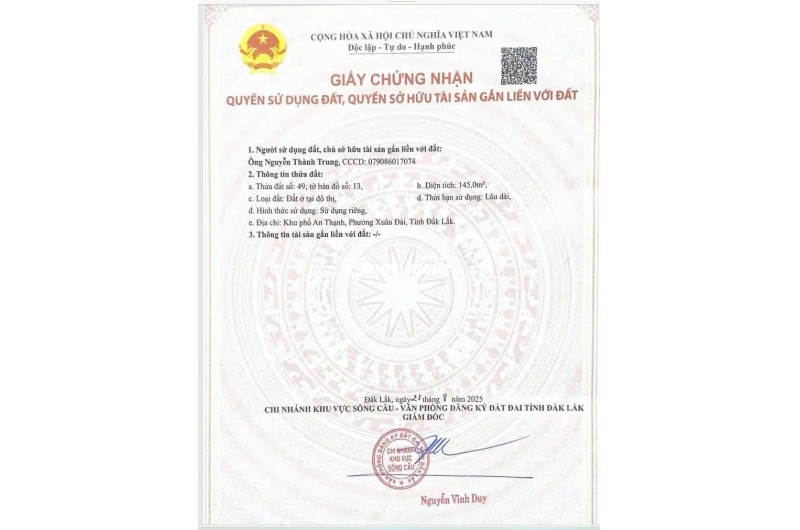 BÁN ĐẤT TẠI SÔNG CẦU PHÚ YÊN, DT 145M2 SHR 1.35 TỶ. LH: 0942908536