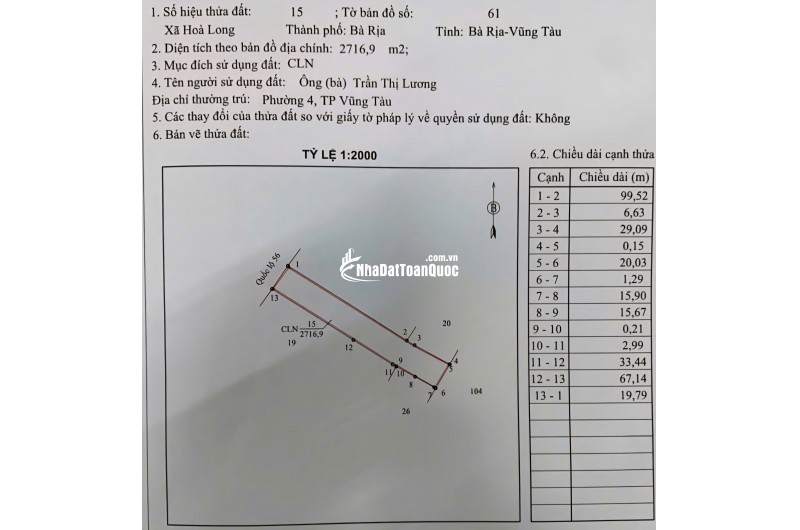 BÁN 2716M ĐẤT MẶT TIỀN QUỐC LỘ 56 XÃ HÒA LONG BRVT GIÁ 28 TỶ. LH:0937652763.