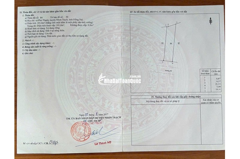 CHÍNH CHỦ BÁN ĐẤT TẠI NHƠN TRẠCH, DT 101.6 M2 (2MT, THỔ CƯ 100%) SHR 3 TỶ. LH:0945589090.