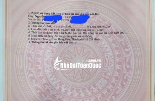 Bán đất thổ cư 1/ đường số 3, BHH Bình Tân hẻm xe hơi lớn