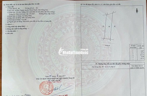 CHÍNH CHỦ BÁN ĐẤT TẠI NHƠN TRẠCH, DT 101.6 M2 (2MT, THỔ CƯ 100%) SHR 3 TỶ. LH:0945589090.