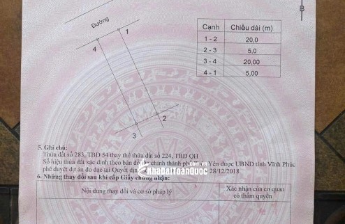 Bán lô đất 100m2 full thổ cư Thuộc KĐT Điện Nước Xuân Hoà Xã Cao Minh – TP Phúc Yên – Vĩnh Phúc.