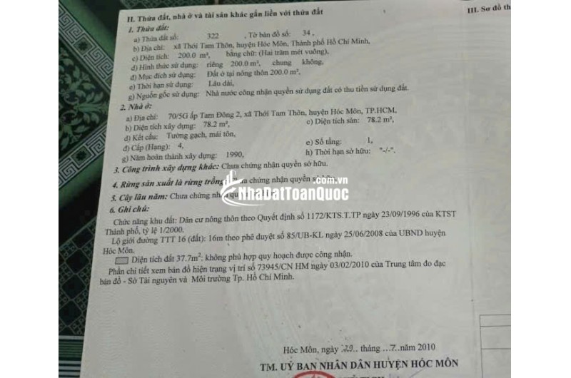 Bán nhà và đất 200m2 mặt tiền đường lớn xã Thới Tam Thôn Hóc Môn