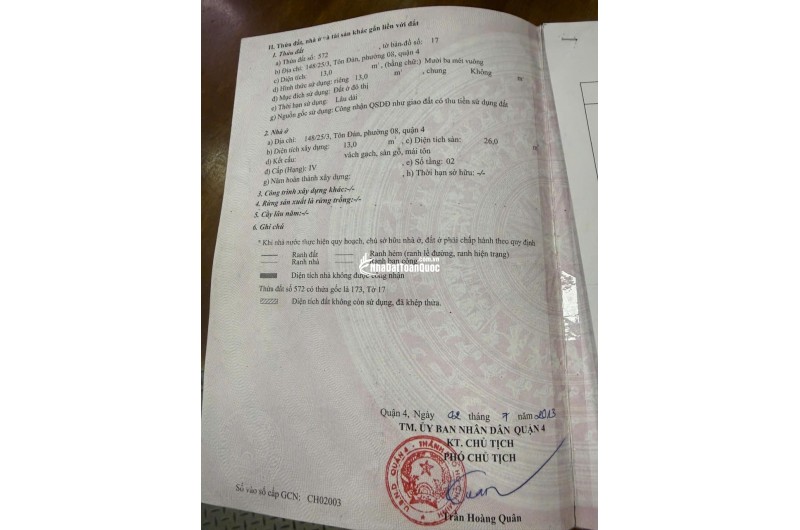 Nhà Quận 4 DTSD40m2 giá 1,590 tỷ Sổ Hồng