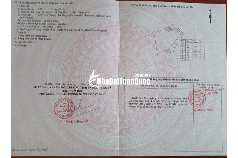 BÁN 7691.5 M² ĐẤT XÃ LONG TÂN, ĐẤT ĐỎ, GIÁ 2,7 TỶ/SÀO. LH:0938677702.