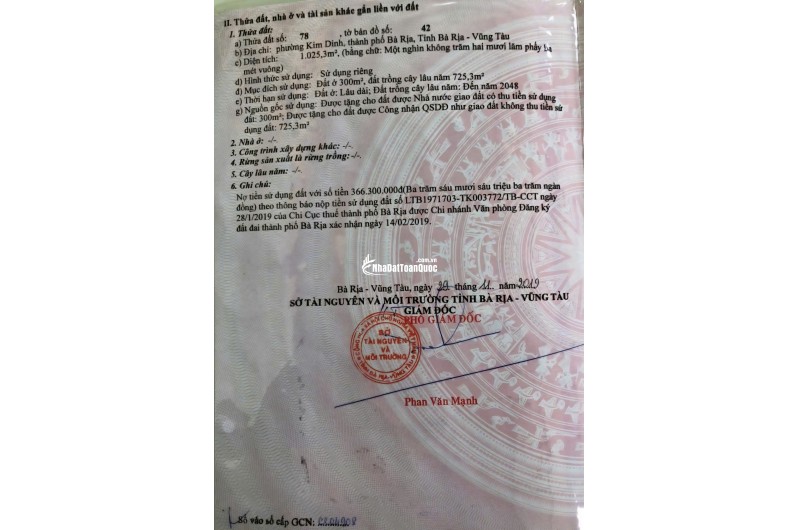 BÁN 1025 M² ĐẤT PHƯỜNG KIM DINH (LONG HƯƠNG MỚI) GIÁ RẺ. LH:0906735462.