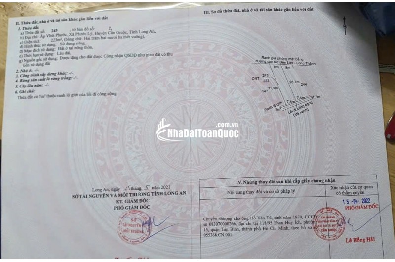 Bán 223m2 đất thổ cư 2 mặt tiền Phước Lý, Cần Giuộc, Long An, Giáp Bình Chánh, 3.9tỷTL. Lh:0908242626, 0904413938.