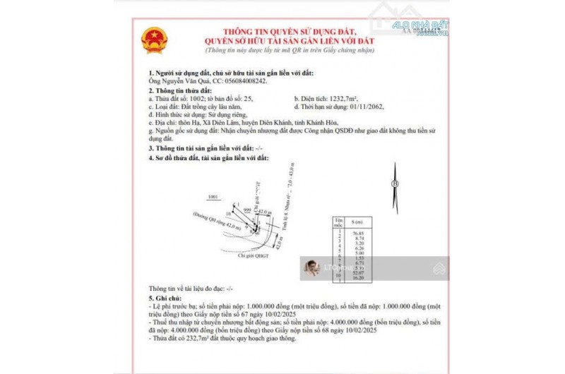 BÁN ĐẤT VƯỜN, DIÊN LÂM, DIÊN KHÁNH, MT TỈNH LỘ 8, 1232M2, GIÁ DƯỚI 2 TỶ