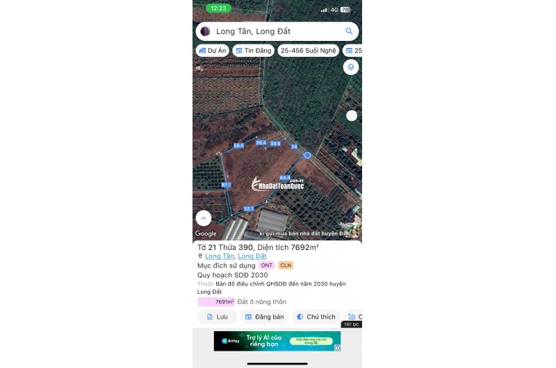 BÁN 7691.5 M² ĐẤT XÃ LONG TÂN, ĐẤT ĐỎ GIÁ 3 TỶ / SÀO. LH:0938677702.