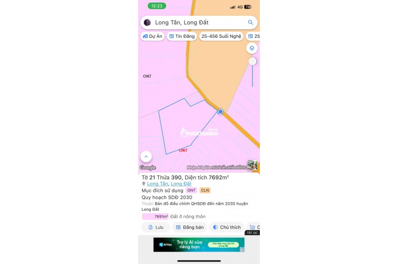 BÁN 7691.5 M² ĐẤT XÃ LONG TÂN, ĐẤT ĐỎ GIÁ 3 TỶ / SÀO. LH:0938677702.