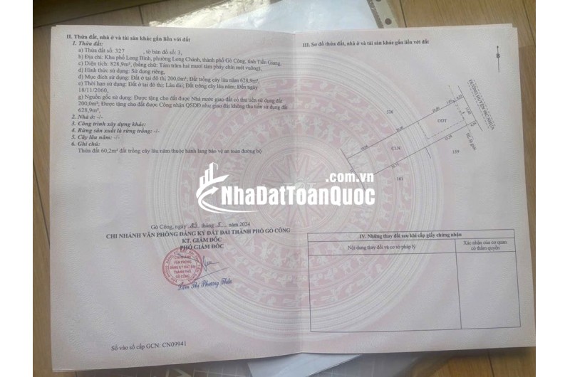 Bán đất Long Chánh – Gò Công – Diện tích 828,9m có 200 thổ cư – Hạ giá bán gấp 2,4tỳ