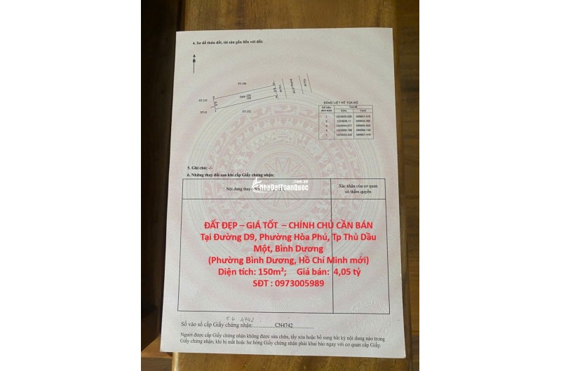 ĐẤT ĐẸP – GIÁ TỐT  – CHÍNH CHỦ CẦN BÁN Tại Đường D9, Phường Hòa Phú, Tp Thủ Dầu Một, Bình Dương