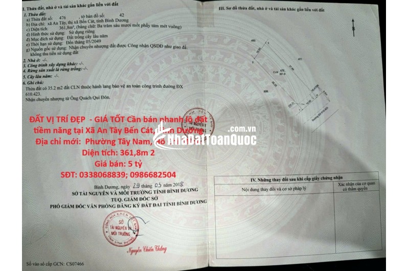 ĐẤT VỊ TRÍ ĐẸP  - GIÁ TỐT Cần bán nhanh lô đất tiềm năng tại Xã An Tây Bến Cát, Bình Dương