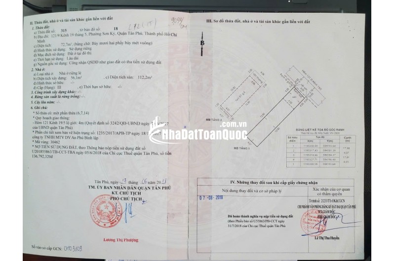 BÁN NHÀ SƠN KỲ, TÂN PHÚ: DT 72,7 M2 (1T1L) SẴN SỔ HỒNG, CHỈ 6.7 TỶ TL. LH:0932688139