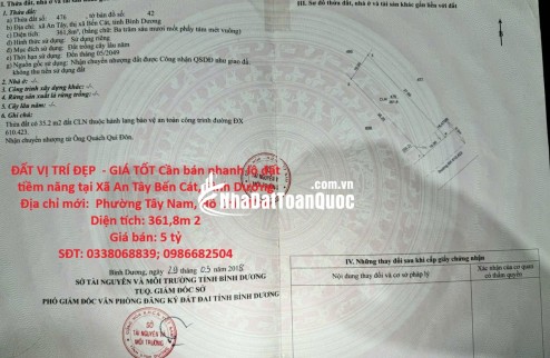 ĐẤT VỊ TRÍ ĐẸP  - GIÁ TỐT Cần bán nhanh lô đất tiềm năng tại Xã An Tây Bến Cát, Bình Dương