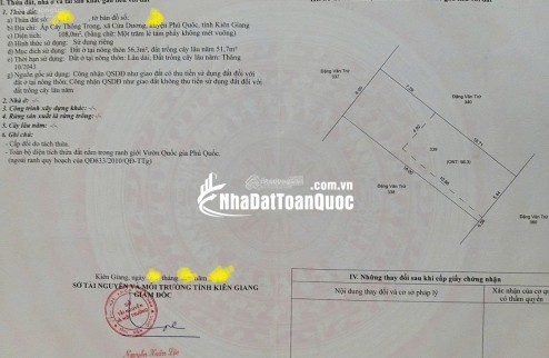 Chính chủ cần bán lô đất đẹp 108m² tại Ấp Cây Thông Trong, Xã Cửa Dương, TP Phú Quốc, Kiên Giang