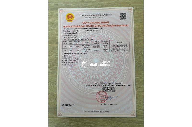 MẢNH ĐẤT VÀNG GIÁ F0 TẠI SƠN ĐÔNG, SƠN TÂY, HÀ NỘI. 100m2 full thổ, mặt tiền 6,8m