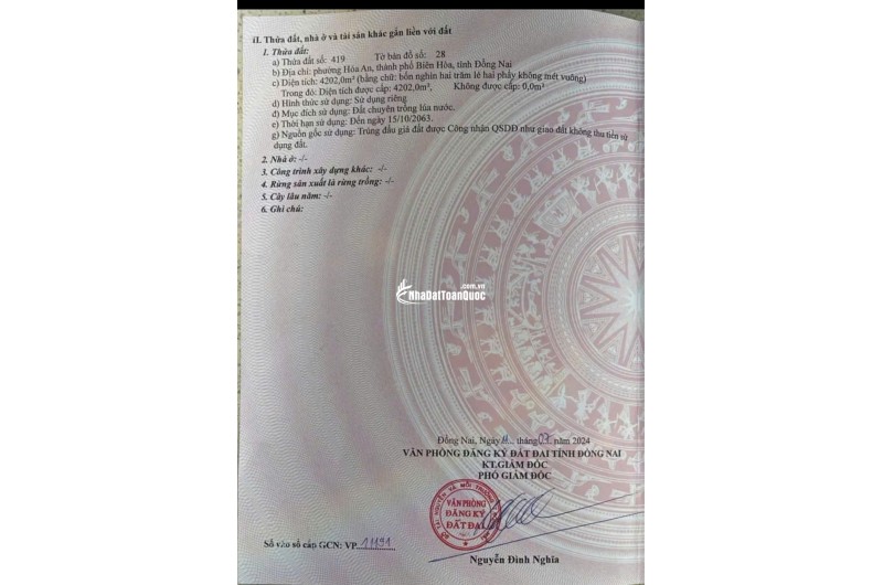 BÁN ĐẤT TẠI HOÁ AN, BIÊN HOÀ, ĐỒNG NAI, DT 4202 M2 SHR 12.5 TỶ. LH:0919228287.