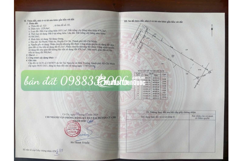 BÁN ĐẤT MT ĐƯỜNG BẦU GIÃ, CỦ CHI - DT 1.529,4M2 - SHR - 17TR/M2. LH:0988333006.
