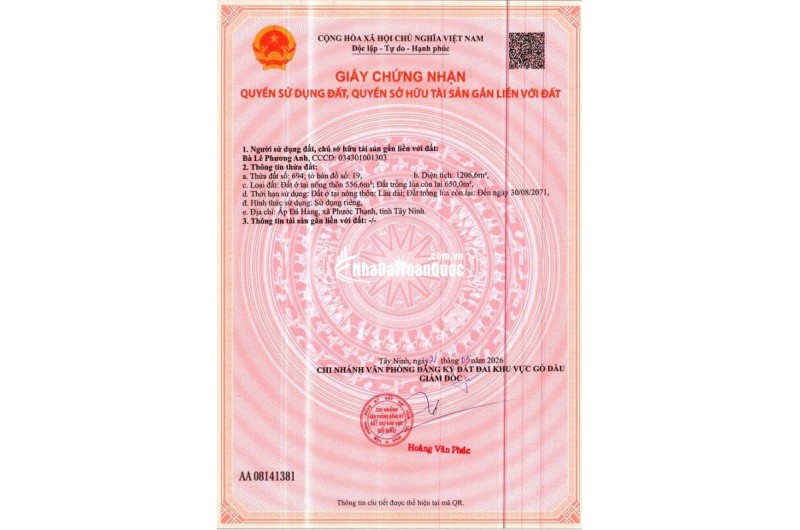 BÁN ĐẤT XÃ PHƯỚC THẠNH, TÂY NINH. 2 LÔ LIỀN KỀ. TỔNG DIỆN TÍCH 1556 M2 - SHR. LH:0786111122.