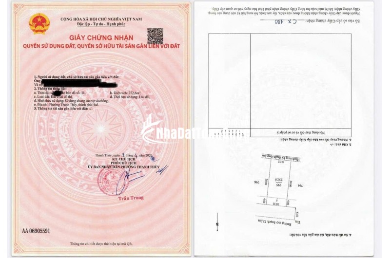 BÁN ĐẤT TP HUẾ, DT 252,6M2 THỔ CƯ, SHR CHỈ 26TR/M2. LH:0773465789