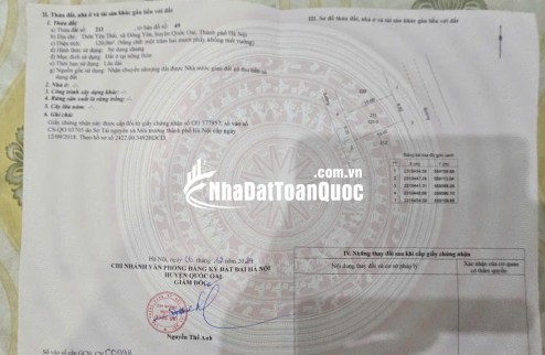 Bán mảnh đất( 8x15 )120m2 full thổ cư. xã Phú Cát Hà Nội,Cách ql21 150m, cạnh trường đại học công nghệ