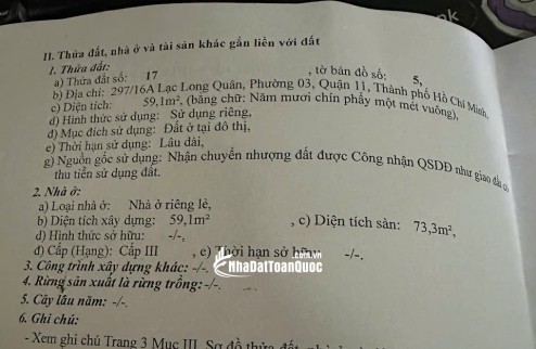 NHÀ QUẬN 11 LIỀN KỀ CÁC QUẬN KHÁC, AN NINH AN TOÀN. 5 TỶ 59.1 M2. LH:0903067772.